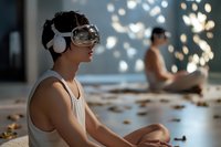Young Asian man wearing VR headset and headphones sitting on floor with bokeh lights and autumn leaves, person meditating in background creating peaceful atmosphere.