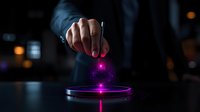 Futuristic purple hologram projection from device with hand interaction in dark room, glowing neon lights create magical atmosphere for technology concept.