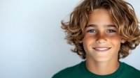 Young Caucasian male teen with wavy brown hair and bright smile wearing green t-shirt against light background, looking at camera with natural expression and confidence.