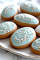 Easter egg shaped sugar cookies decorated with mint blue royal icing and white floral pattern design on marble surface, festive spring holiday baking.