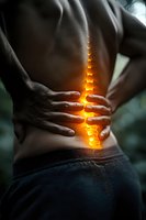 Man holding lower back with visible glowing spine illustration, representing chronic pain, inflammation and spinal problems on dark background.