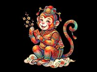 Cheerful monkey character with ornate red and gold decorative clothing, sitting on clouds, holding festive items. Isolated on transparent background, ready for t-shirts, stickers, clipart, print-on-demand, and sublimation designs.