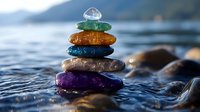 Colorful stacked zen stones balanced on water surface creating peaceful meditation scene with mountain lake background for wellness and mindfulness concepts.