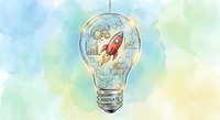 Creative business innovation concept with rocket launch inside lightbulb on watercolor background for startup and entrepreneurship projects.