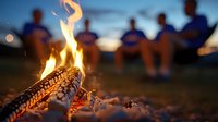 Glowing campfire with burning logs in foreground, silhouettes of friends sitting around fire during twilight hour, creating cozy outdoor gathering atmosphere.