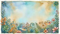 Watercolor floral frame with colorful flowers, leaves, and swirls on a soft blue and beige background, perfect for greeting cards and invitations.