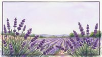 Watercolor lavender field landscape with purple blooming flowers, green trees, and distant mountains, framed border, soft pastel background.