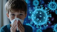 Young Asian boy wearing protective face mask with virus cells in background, depicting illness prevention and health awareness during pandemic outbreak period.