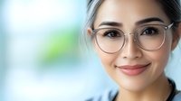 Young Asian woman wearing transparent glasses smiling warmly at camera against blurred blue and green background, professional corporate headshot style portrait.