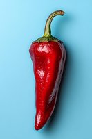 Fresh red chili pepper with curved stem on bright blue background for culinary and cooking designs.