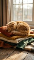 Fluffy ginger cat curled up sleeping on a stack of cozy knit sweaters and blankets by a sunny window with warm autumn light.