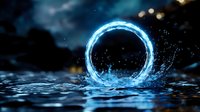 Glowing blue water ring splash frozen in motion against dark background with droplets and reflections creating magical portal effect.