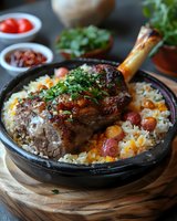 Roasted lamb shank served on aromatic rice with vegetables and fresh herbs in traditional clay pot, garnished with colorful bell peppers and parsley on wooden surface.