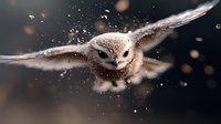Snowy owl in flight against dark background with snow particles and bokeh effects creating magical winter atmosphere, wings spread wide in motion.