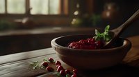 Fresh cranberry sauce in rustic ceramic bowl with wooden spoon, scattered berries and herbs on dark wooden surface in moody natural lighting.
