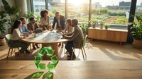 Diverse business team meeting in modern eco-friendly office with recycling symbol, discussing sustainable corporate practices and green initiatives.