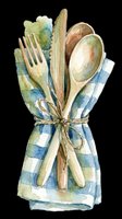 Kitchen utensils bundle with fork, knife, spoon tied in blue and green checkered cloth napkin. Isolated on transparent background, ready for t-shirt design, clipart, stickers, and print-on-demand products.