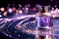 Luxury purple perfume bottle on sparkling glitter surface with bokeh lights creating elegant cosmetic product display for beauty and fragrance marketing.