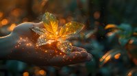 Glowing magical butterfly with golden light effects resting on open palm creating enchanting fantasy atmosphere with sparkling bokeh background.