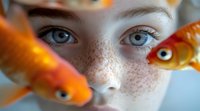 Close-up of young woman with freckles and blue eyes gazing at goldfish. Fair-skinned female with natural features surrounded by orange aquatic pets for editorial, lifestyle, and conceptual design use.