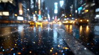 Rainy night cityscape with blurred lights reflecting on wet asphalt street. Bokeh droplets create magical atmosphere in urban environment. Moody weather scene.