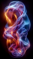 Ethereal glowing abstract shape with flowing translucent fabric-like elements in blue and orange colors against dark background, creating mysterious cosmic effect.