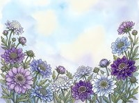 Watercolor floral border with purple, blue, and white blooms on soft pastel sky background, copy space for text or greeting cards.