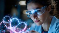 Young female scientist in protective eyewear examining glowing holographic DNA structure visualization in dark laboratory environment with blue technological lighting.