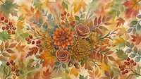 Watercolor autumn floral arrangement with roses, dahlias, chrysanthemums, maple leaves, and red berries in warm orange, gold, and green tones.