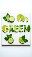 Word GREEN spelled with fresh cucumber slices, lime wedges, and mint leaves on white surface, flat lay food art concept.