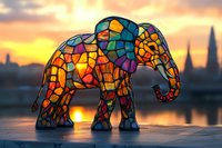 Colorful stained glass elephant figurine silhouetted against sunset sky and city skyline, with mosaic pattern in vibrant orange, blue and purple tones glowing in backlight.