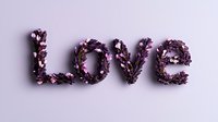 Floral word LOVE composed of purple dried flowers and petals arranged on light background, romantic typography for wedding and valentines day designs.