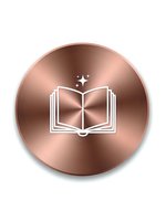 Rose gold metallic button with open book icon and sparkles for education apps, learning platforms, digital libraries and academic websites.