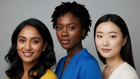 Three diverse professional women smiling confidently in business attire representing teamwork and workplace diversity in corporate environment.