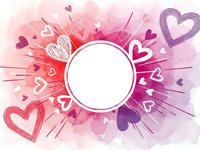 Romantic watercolor burst with hearts and rays surrounding blank circle frame for Valentine's Day cards, wedding invitations and love-themed designs.