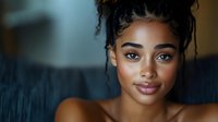 Young African American woman with natural curly hair in updo style smiling confidently at camera, soft natural lighting creates warm intimate portrait mood.