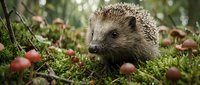 Small hedgehog sitting on green moss surrounded by fallen autumn leaves in natural forest setting for wildlife and nature photography projects.
