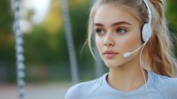 Young blonde woman customer service representative wearing headset microphone for call center support and communication work outdoors.