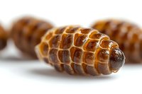 Brown segmented pill bug or woodlouse macro close up showing detailed exoskeleton pattern and texture on white background, isolated nature photography.