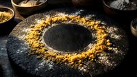 Young woman with South Asian ethnicity, wearing traditional chef attire, preparing spiced flour mixture on dark stone surface surrounded by ingredient bowls for cooking or baking projects.