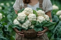 Farmer in apron holding wicker basket filled with fresh white cauliflower heads and green leaves in vegetable garden setting for harvest and organic produce concepts.