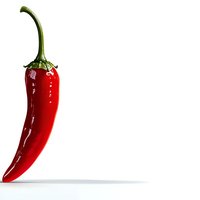 Fresh red chili pepper with green stem isolated on white background, casting soft shadow. Clean minimalist food photography for culinary and menu designs.