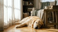 Golden retriever dog sleeping peacefully on wooden floor in cozy living room with natural sunlight streaming through window curtains for home comfort concepts.