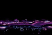 Vibrant purple and blue liquid wave with floating water drops and bubbles against black background, creating dynamic splash movement and abstract pattern.
