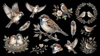 Watercolor birds collection featuring sparrows, finches, and songbirds in flight and perched poses with nests, floral wreaths, and botanical elements. Isolated on transparent background, ready for t-shirt designs, clipart, stickers, and print-on-demand projects.