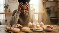 Young African American woman feeling overwhelmed by sweet temptations, struggling with diet choices surrounded by donuts and cupcakes in modern kitchen.