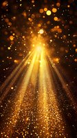 Magical golden light rays bursting upward with glowing bokeh particles and sparkles on dark background, creating dramatic atmospheric effect for festive designs.
