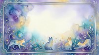 Watercolor frame with cats silhouettes and floral elements in purple blue tones. Decorative border for invitations cards posters with copy space center.