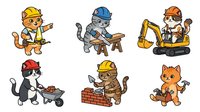 Cartoon animal characters wearing hard hats and construction gear, isolated on white background. Includes cat, dog, and mouse workers with tools for construction, building, and labor themed designs.