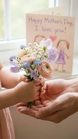 Child hands giving small spring flower bouquet to mother with handmade card for Mother's Day celebration in bright home interior.